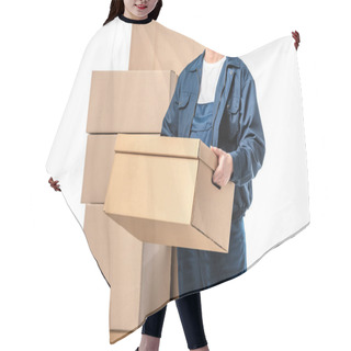 Personality  Cropped View Of Mover In Uniform Carrying Cardboard Box Isolated On White Hair Cutting Cape