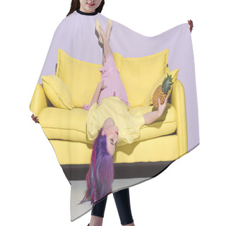 Personality  Beautiful Young Woman Lying Upside Down On Yellow Couch With Pineapple Hair Cutting Cape