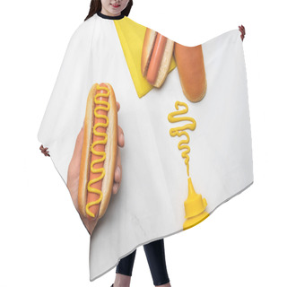 Personality  Cropped Shot Of Man Holding Hot Dog With Mustard On White Marble Surface Hair Cutting Cape