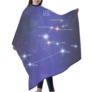 Personality  Leo The Lion Zodiac Constellation Map On A Starry Space Background With The Names Of Its Main Stars. Stars Relative Sizes And Color Shades Based On Their Spectral Type. Hair Cutting Cape