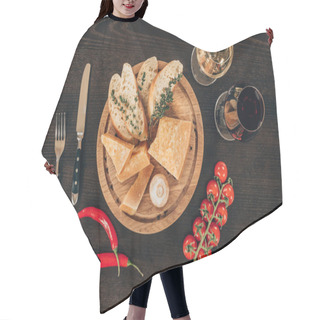 Personality  Top View Of Parmesan Cheese With Baguette Slices And Cherry Tomatoes On Table Hair Cutting Cape
