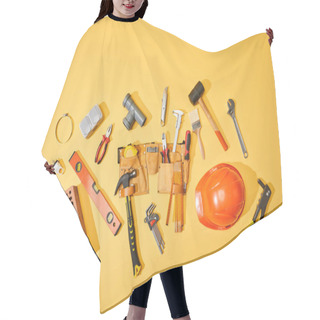 Personality  Top View Of Tool Belt, Brick, Industrial Tools And Helmet On Yellow Background Hair Cutting Cape