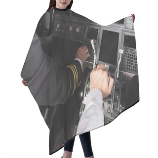 Personality  High Angle View Of Co-pilot Using Thrust Lever Near Captain In Airplane Simulator Hair Cutting Cape