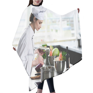 Personality  Woman Chef Cooking In Pan On Kitchen Stove Hair Cutting Cape