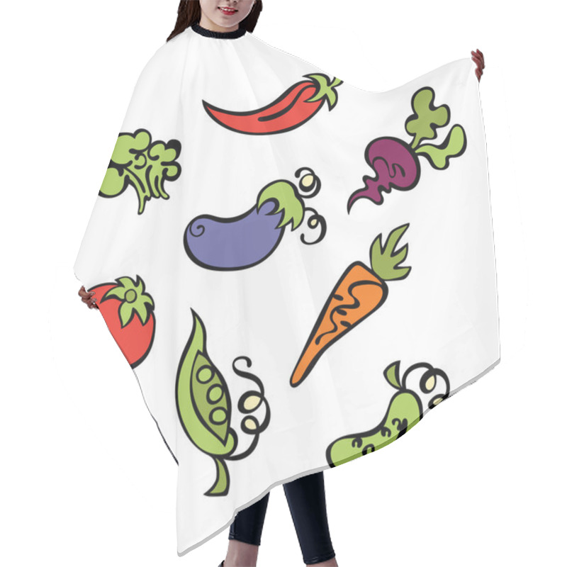 Personality  Vegetables: tomatoes, eggplant, peas, cucumber, carrots, beets, broccoli and hot pepper. Isolated vector objects on white background. hair cutting cape