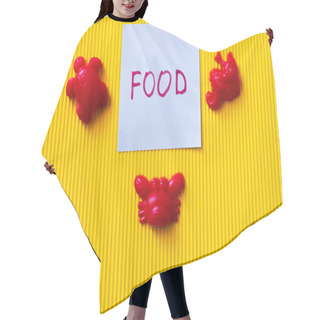 Personality  Top View Of Red Toy Sea Creatures Near Blue Card With Food Lettering On Yellow Background Hair Cutting Cape