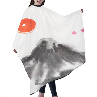 Personality  Japanese Painting With Sun, Flowers And Hill On White Background Hair Cutting Cape