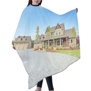 Personality  Large Farm Country House With Gravel Driveway And Green Landscape. Hair Cutting Cape