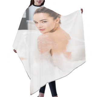 Personality  Side View Of Beautiful Young Woman Taking Bath At Home Hair Cutting Cape