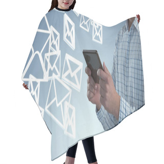 Personality  Midsection Of Man Holding Digital Tablet Against Abstract Blue Background Hair Cutting Cape