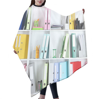 Personality  White Office Shelves With Folders And Different Stationery, Close Up Hair Cutting Cape