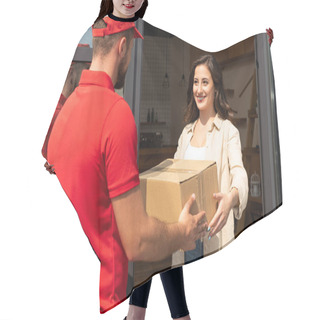 Personality  Delivery Man Giving Cardboard Box To Happy Woman  Hair Cutting Cape
