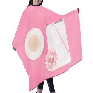 Personality  Top View Of Glazed Doughnut With Cup Of Coffee And Blank Notebook On Pink Surface Hair Cutting Cape