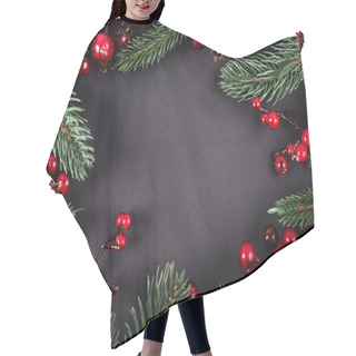 Personality  Top View Of Red Artificial Berries And Pine Branches On Black Background, New Year Concept Hair Cutting Cape