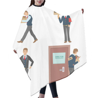 Personality  Getting Fired Flat Vector Illustration. Man Dismissed From Work Going With A Box Of Personal Belongings. Hair Cutting Cape