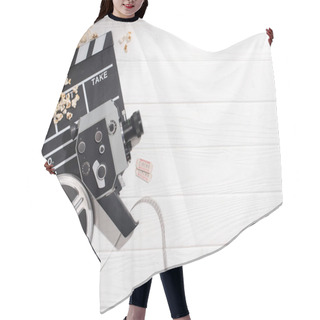 Personality  Flat Lay With Clapper Board, Filmstrips, Retro Camera And Cinema Tickets Arranged On White Wooden Surface Hair Cutting Cape