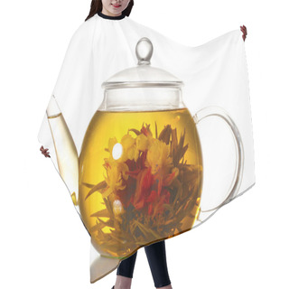 Personality  Exotic Green Tea With Flowers In Glass Teapot Isolated On White Hair Cutting Cape