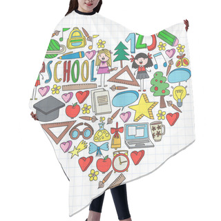 Personality  Vector Set Of Back To School Icons In Doodle Style. Painted, Colorful, Pictures On A Piece Of Paper On White Background. Hair Cutting Cape