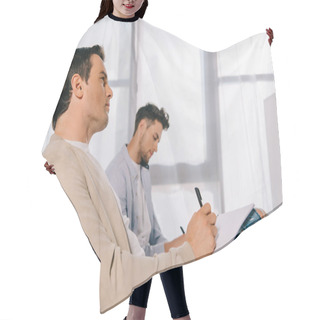 Personality  Side View Of Businessmen With Notebooks At Business Training In Office Hair Cutting Cape