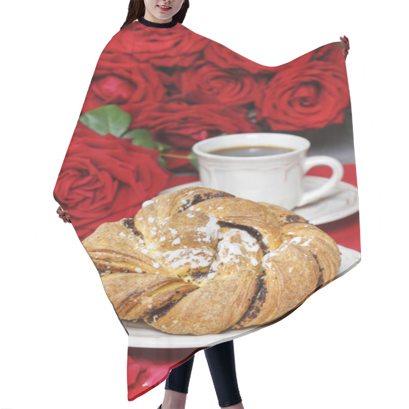 Personality  Festive Braided Bread On White Plate. Rose Petals Around, Bouque Hair Cutting Cape