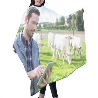 Personality  Young Attractive Farmer Using Tablet In A Field Hair Cutting Cape