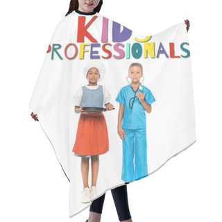 Personality  Multicultural Girls In Costumes Of Different Professions Standing Near Kids Professionals Lettering On White Hair Cutting Cape
