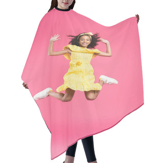 Personality  Full Length View Of Happy Curly African American Child In Yellow Outfit Jumping On Pink Background Hair Cutting Cape
