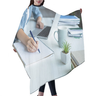 Personality  Cropped View Of Woman Making Notes In Notebook And Typing On Laptop Hair Cutting Cape