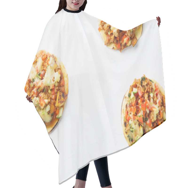 Personality  Hot Spicy Mexican Tacos With Chili Con Carne And Grated Cheese  Isolated On White Background, Top View  Hair Cutting Cape