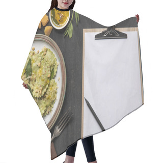 Personality  Top View Of Served Ravioli And Empty White Menu Template With Pencil Hair Cutting Cape