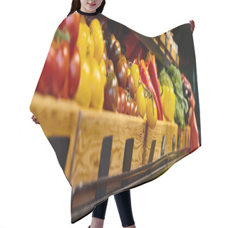 Personality  Object Photo Of Colorful Vegetable Stall With Fresh Tomatoes And Peppers At Grocery Store, Banner Hair Cutting Cape