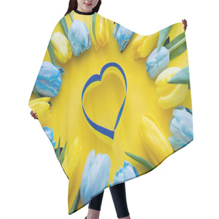 Personality  Top View Of Blue And Yellow Ribbon In Heart Shape Near Tulips On Background Hair Cutting Cape
