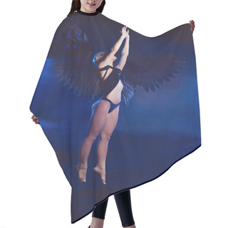 Personality  Sexy Woman With Lace Mask And Black Angel Wings Jumping On Dark Blue Background Hair Cutting Cape