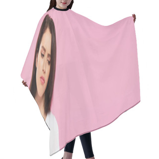 Personality  Panoramic Shot Of Beautiful Sad Girl Isolated On Pink Hair Cutting Cape