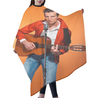 Personality  Retro Fifties Rock And Roll Singer Playing Accoustic Guitar. Stu Hair Cutting Cape