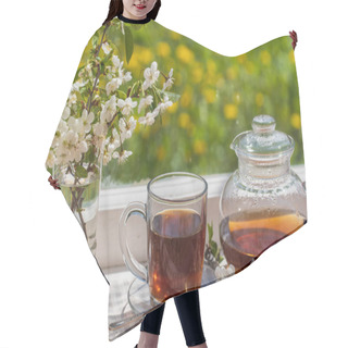 Personality  Delicious Hot Tea On The Windowsill At Home At Summer Day Near Garden, Close Up, Copy Space. Hot Black Tea In A Glass Teapot And Cup Hair Cutting Cape