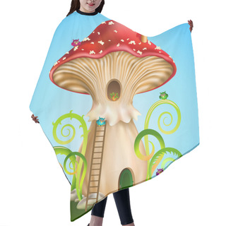Personality  Magic Mushroom. Fairy House Red Mushroom With  Owls On Blue Background. Vector Illustration Hair Cutting Cape