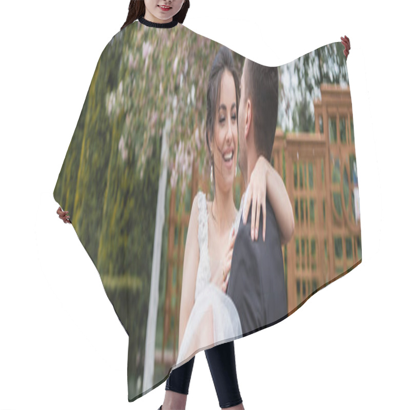 Personality  Groom In Suit Holding Cheerful Bride In Park, Banner  Hair Cutting Cape