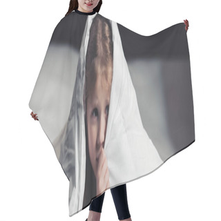 Personality  Panoramic Shot Of Scared Child Hiding Under Blanket Isolated On Black Hair Cutting Cape