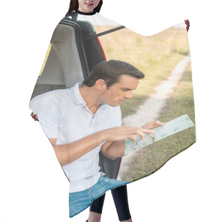 Personality  Attractive Man Sitting In Car Trunk And Navigating With Map In Field Hair Cutting Cape