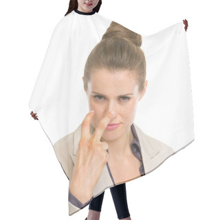 Personality  Serious Business Woman Showing Watching You Gesture Hair Cutting Cape