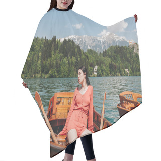 Personality  Beautiful Young Woman Sitting In Boat At Scenic Tranquil Mountain Lake, Bled, Slovenia Hair Cutting Cape