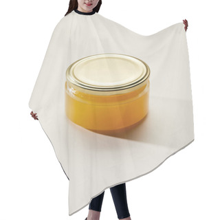 Personality  Close Up View Of Sweet Organic Honey In Glass Jar On White Surface Hair Cutting Cape