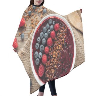 Personality  Top View Of Delicious Organic Smoothie Bowl With Berries And Granola On Sackcloth Hair Cutting Cape