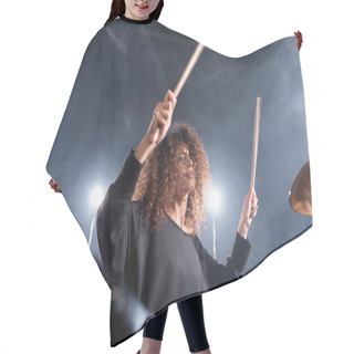 Personality  Rock Band Musician With Drumsticks Playing On Cymbal On Blurred Foreground Hair Cutting Cape