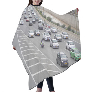 Personality  Ayalon Highway Traffic With Cars. Heavy Traffic Moves With Speed Hair Cutting Cape