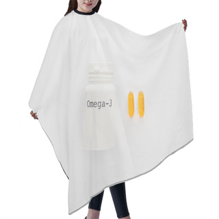 Personality  Top View Of Container With Omega-3 Lettering And Yellow Capsules On White Background Hair Cutting Cape