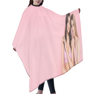 Personality  Pretty Woman Hugging Friend In Swimwear Isolated On Pink, Banner  Hair Cutting Cape