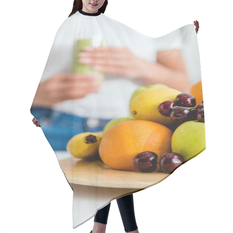 Personality  Selective Focus Of Ripe Delicious Fruits Near Girl  Hair Cutting Cape