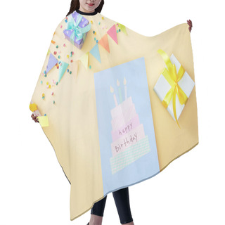 Personality  Top View Of Festive Colorful Confetti And Gift Boxes Near Happy Birthday Greeting Card On Beige Background Hair Cutting Cape